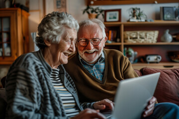Happy senior couple relaxing at home, smiling while using a laptop together in a warm, cozy holiday atmosphere with glowing Christmas lights