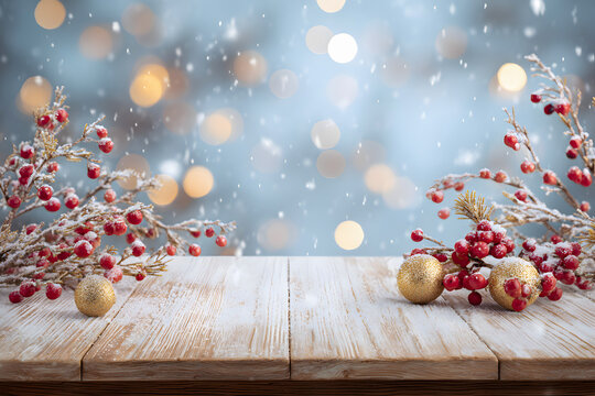 Rustic Wooden Table with Christmas Holly and Snowfall Bokeh Background