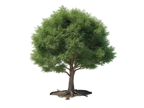 Realistic green deciduous tree with exposed roots on transparent background black background nature