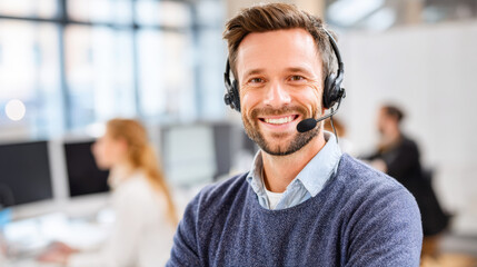 man, wearing headset with microphone, smiles directly at camera while working in busy, modern office setting. Represents customer support, technical assistance, sales, professional communication