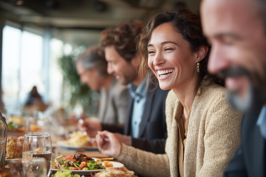 Diverse coworkers enjoying lunch together, sharing laughter and conversation in a bright, modern café, capturing teamwork, positivity, and authentic workplace connection