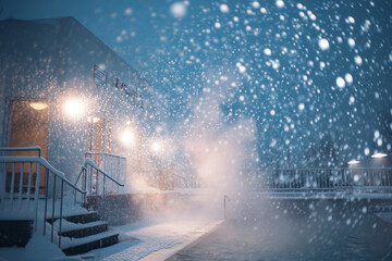 Steamy outdoor thermal pool at night during snowfall, illuminated by warm lights creating a dramatic, serene winter spa atmosphere