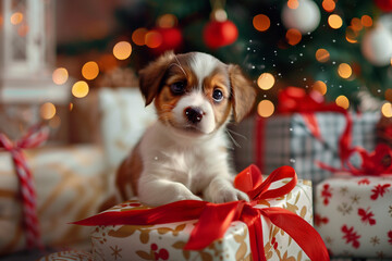 Adorable fluffy puppy sitting on a wrapped Christmas gift, surrounded by festive lights and holiday decorations, creating a warm and joyful Christmas atmosphere