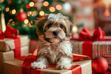 Adorable fluffy puppy sitting on a wrapped Christmas gift, surrounded by festive lights and holiday decorations, creating a warm and joyful Christmas atmosphere