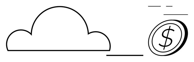 Cloud structure linked to a coin with a dollar sign emphasizes digital storage, wireless connectivity, and financial technology. Ideal for online payment, cloud services, fintech, e-commerce