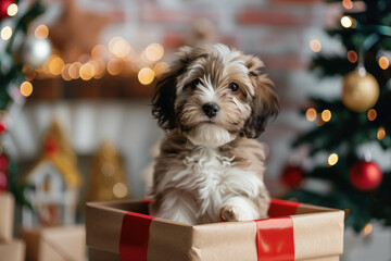 Adorable fluffy puppy sitting on a wrapped Christmas gift, surrounded by festive lights and holiday decorations, creating a warm and joyful Christmas atmosphere