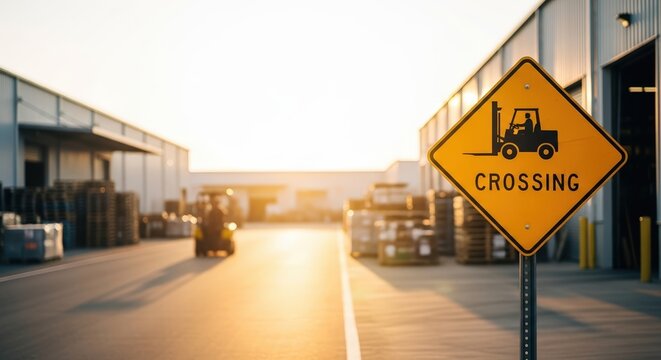 Yellow warning sign indicating forklift crossing in an industrial area, with a blurred background of warehouses and a warm sunset creating a vibrant atmosphere
