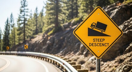 Yellow warning sign indicating steep descent on winding road surrounded by trees, alerting drivers to potential hazards and promoting safe driving practices