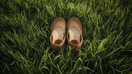 Modern minimalist barefoot shoes displayed on vibrant green ground in soft natural light, featuring photorealistic textures, organic aesthetic, premium advertising style, detailed stitching