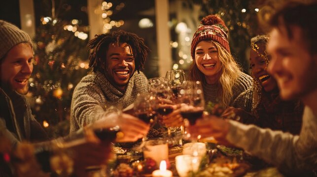 Group of friends celebrating Christmas at home