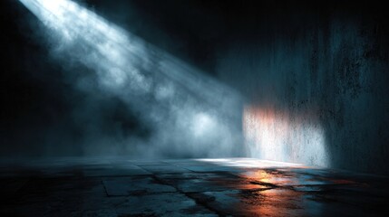Dark grungy 3d display background, showcasing smoky atmosphere and dramatic lighting for futuristic stage concept, high quality realistic appearance