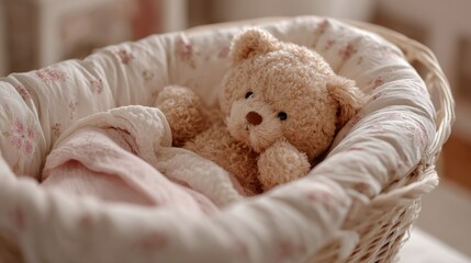 A toy bear is laying in a basket with a blanket. The bear is brown and has a pink blanket underneath it. The basket is white and has a floral pattern. The scene is cozy and comforting