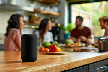 Smart speaker on a modern kitchen counter with a group of friends chatting in the background, showcasing smart-home technology, cozy atmosphere, and everyday connectivity