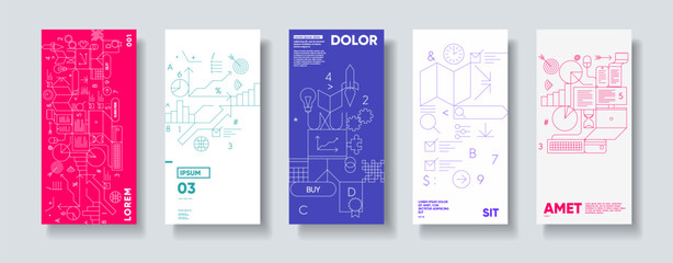 Business and marketing. A set of five modern, abstract posters featuring geometric shapes, graphs, and icons in vibrant colors. Each design incorporates elements like arrows, charts, and text 