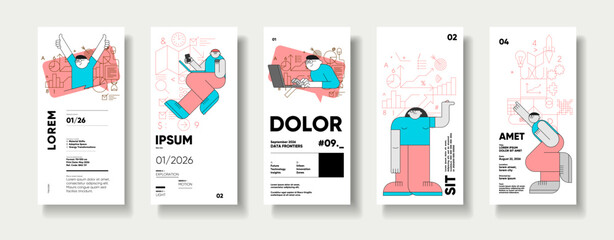 Business and marketing. A set of five modern, minimalist posters featuring abstract illustrations of people engaged in various activities. Geometric shapes, bold colors, and text elements 
