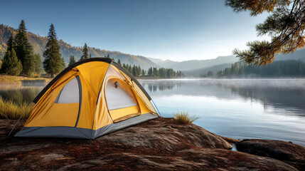 Yellow tent on rocky lakeside at sunrise, misty water, pine forest, mountain landscape, peaceful outdoor camping scene