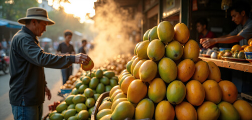 A vendor in a vibrant Hanoi market meticulously arranges a pyramid of ripe, sun-kissed mangoes. The morning steam rises against the dusty street. Colors are rich and warm.
