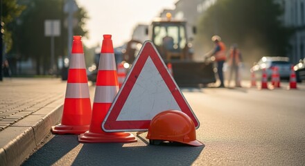 Traffic cones and warning sign positioned on a city street, with construction equipment in the background, indicating road work and safety measures in urban environments