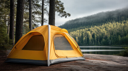 Yellow tent forest morning lakeside, camping adventure, misty mountain, tranquil nature, outdoor travel, peaceful scenery