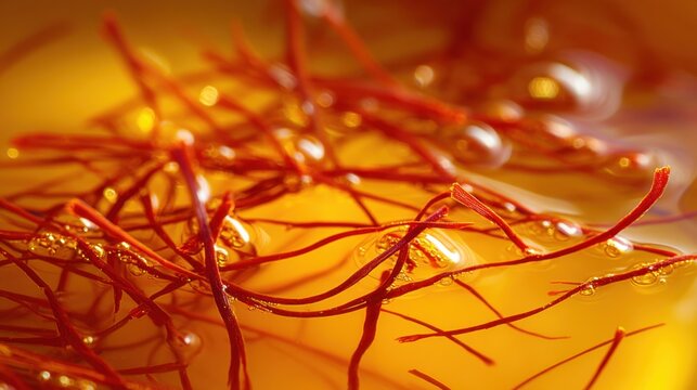 Vibrant saffron threads soaking in golden liquid for culinary use