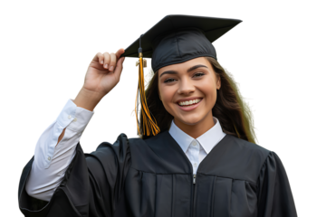 A smiling graduate in a cap and gown adjusts her academic hat on graduation day.