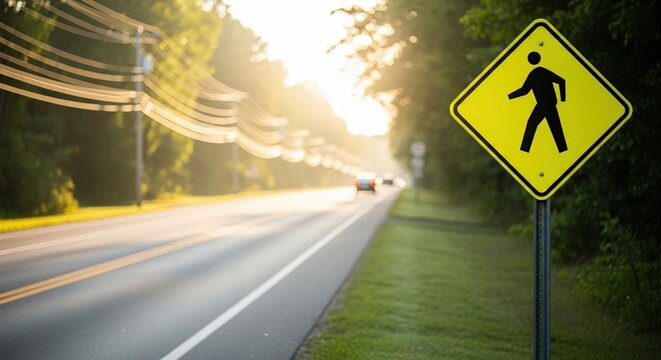 Yellow pedestrian crossing sign stands beside a quiet road, with blurred vehicles in motion and lush greenery, emphasizing traffic safety and awareness for pedestrians