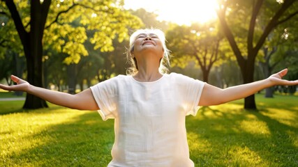 Asia adult aged people middle age mindful happy old woman open arm yoga deep calm stress relief outdoor nature public park sun light self love relax elder aging life asian female mental health care.