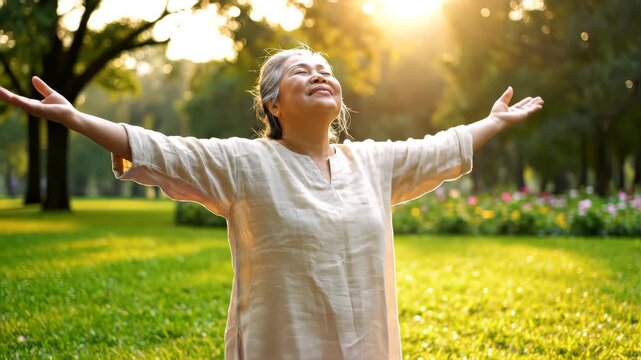 Asia adult aged people middle age mindful happy old woman open arm yoga deep calm stress relief outdoor nature public park sun light self love relax elder aging life asian female mental health care.