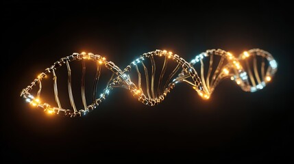 DNA glowing neon strands on dark background with copy space. banner. pink gold blue.