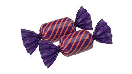 Two wrapped candies with purple and orange stripes sit on a white background.