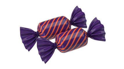 Two wrapped candies with purple and orange stripes sit on a white background.