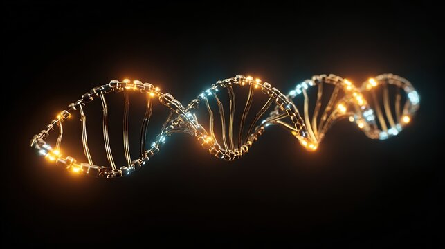 DNA glowing neon strands on dark background with copy space. banner. pink gold blue. - Powered by Adobe