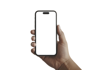 A hand holds a modern smartphone with a blank screen on a white background.