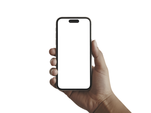 A hand holds a modern smartphone with a blank screen on a white background.