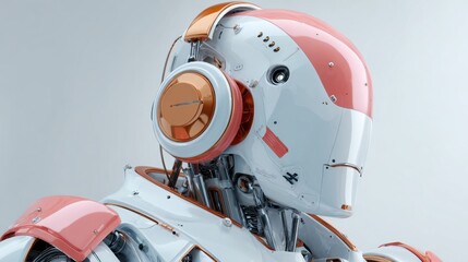 Fototapeta premium A robot with a pink and orange head and white body. The robot is wearing headphones