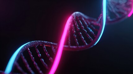 DNA glowing neon strands on dark background with copy space. banner. pink gold blue.