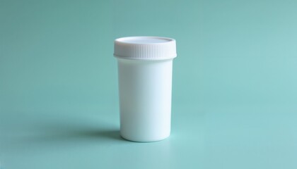 White plastic container on solid mint green background, urine sample container.