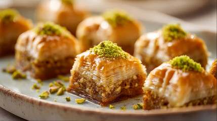 Traditional Middle Eastern layered pastry with nuts soaked in syrup and topped with crushed pistachios served on a ceramic tray for dessert enjoyment