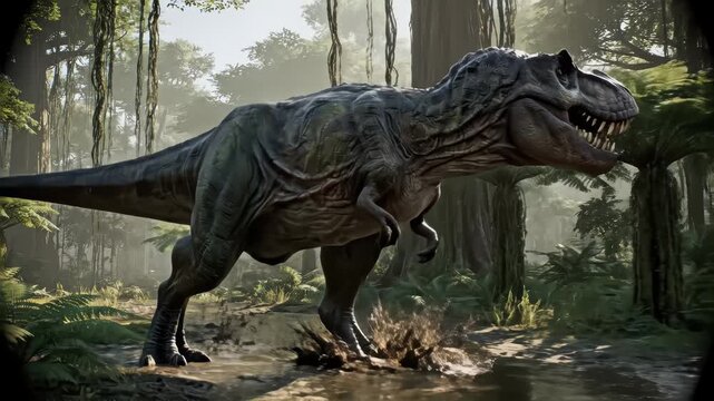 Tyrannosaurus walks through the Jurassic jungle. The Age of Dinosaurs. T-rex on the hunt. Anamorphic video. 3d rendering. High quality 4k footage. 3D Illustration