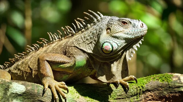 Common iguana reptile is resting on a tree in its habitat. The male iguana has a pronounced throat sac and crest. Large lizard