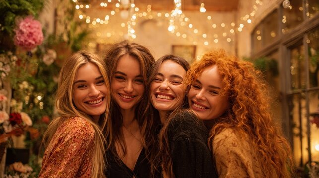 Group of happy girlfriends celebrating Christmas together in a festive indoor setting