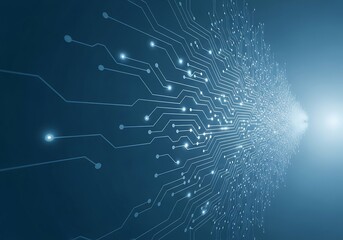 Abstract digital circuit board with glowing lights and connections representing technology and data flow
