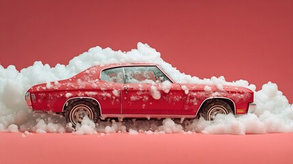 red modern car in foam on a car wash on a red background with copy space. car care banner with place for text. no people .cleaning