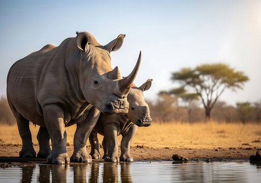 Mother and baby rhinoceros standing together at a watering hole in the african savanna under a bright sky - Powered by Adobe