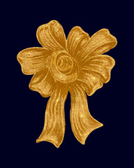 Shiny gold metallic gold decorative  ribbon bow. Elegant gold ribbon decoration. Golden ribbon bow illustration with metallic texture and decorative design on a black background