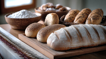 Assorted bread loaf, flour, and rolls on wooden table, rustic kitchen morning light, fresh bakery, homemade, cozy atmosphere