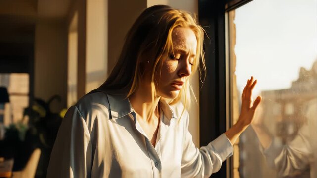 Tired blonde woman standing near window, touching forehead with hand, feeling bad, suffering from dizziness. Sick girl having vertigo, feeling exhausted, overheated or unwell, losing consciousness. - Powered by Adobe