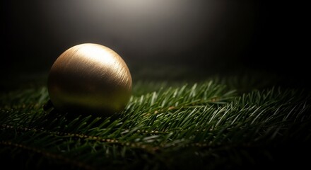 Single gold ornament lying on bed of pine needles in soft light  