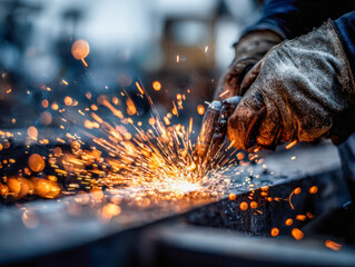 Skilled worker using a welding torch on a metal piece creating bright orange sparks flying in a focused industrial workshop setting with protective gloves on hands