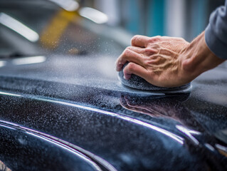 Hand polishing the shiny surface of a black car with a circular tool creating fine dust particles in an indoor detailing workshop environment